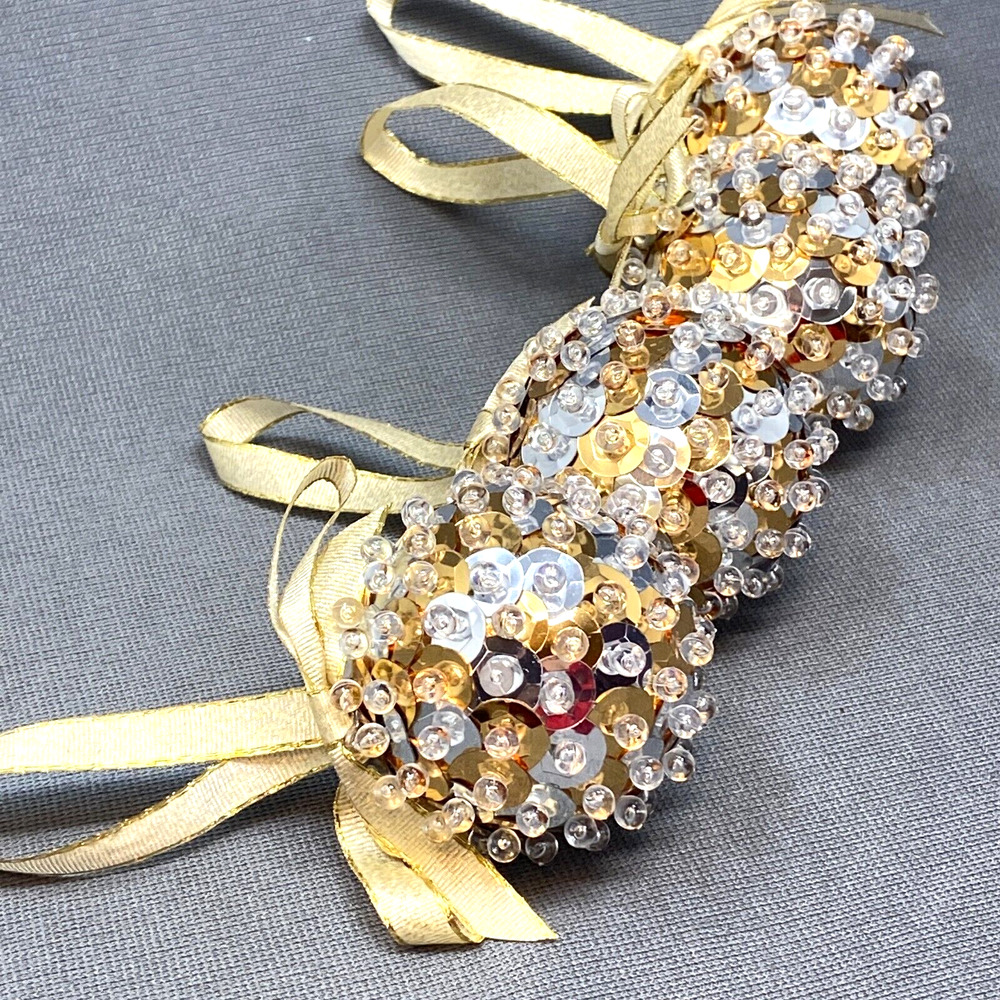 VTG Sequin Beaded Ball Christmas Ornaments Set of 4 Gold Silver Handmade Decor